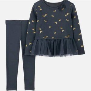 CARTER'S Girls 3T Peplum 2-Piece Top/Leggings Outfit Navy/Gold Horses Tutu NWT